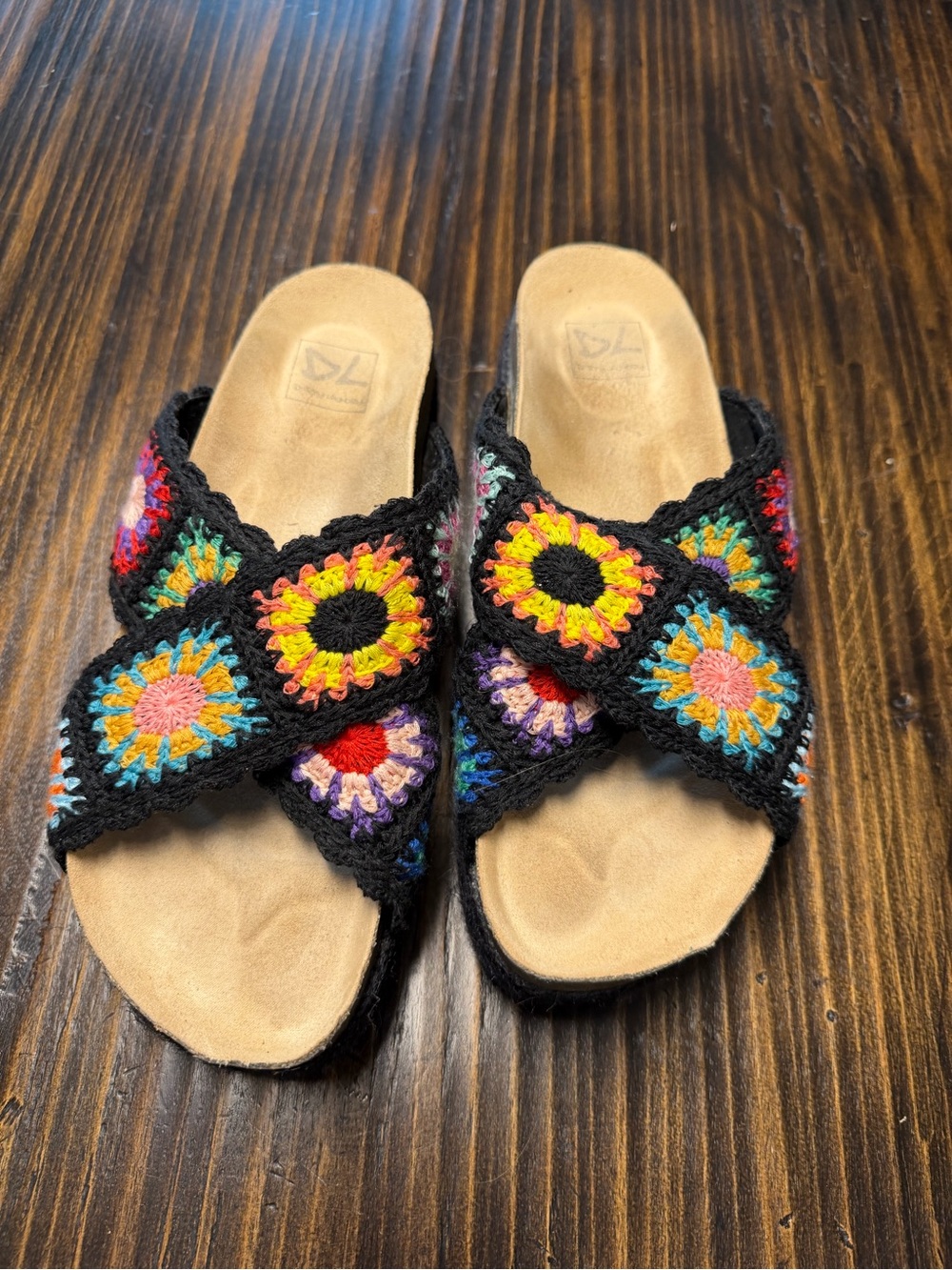 Chinese Laundry Black Crochet Slide Sandals with Colorful Sunburst Motifs